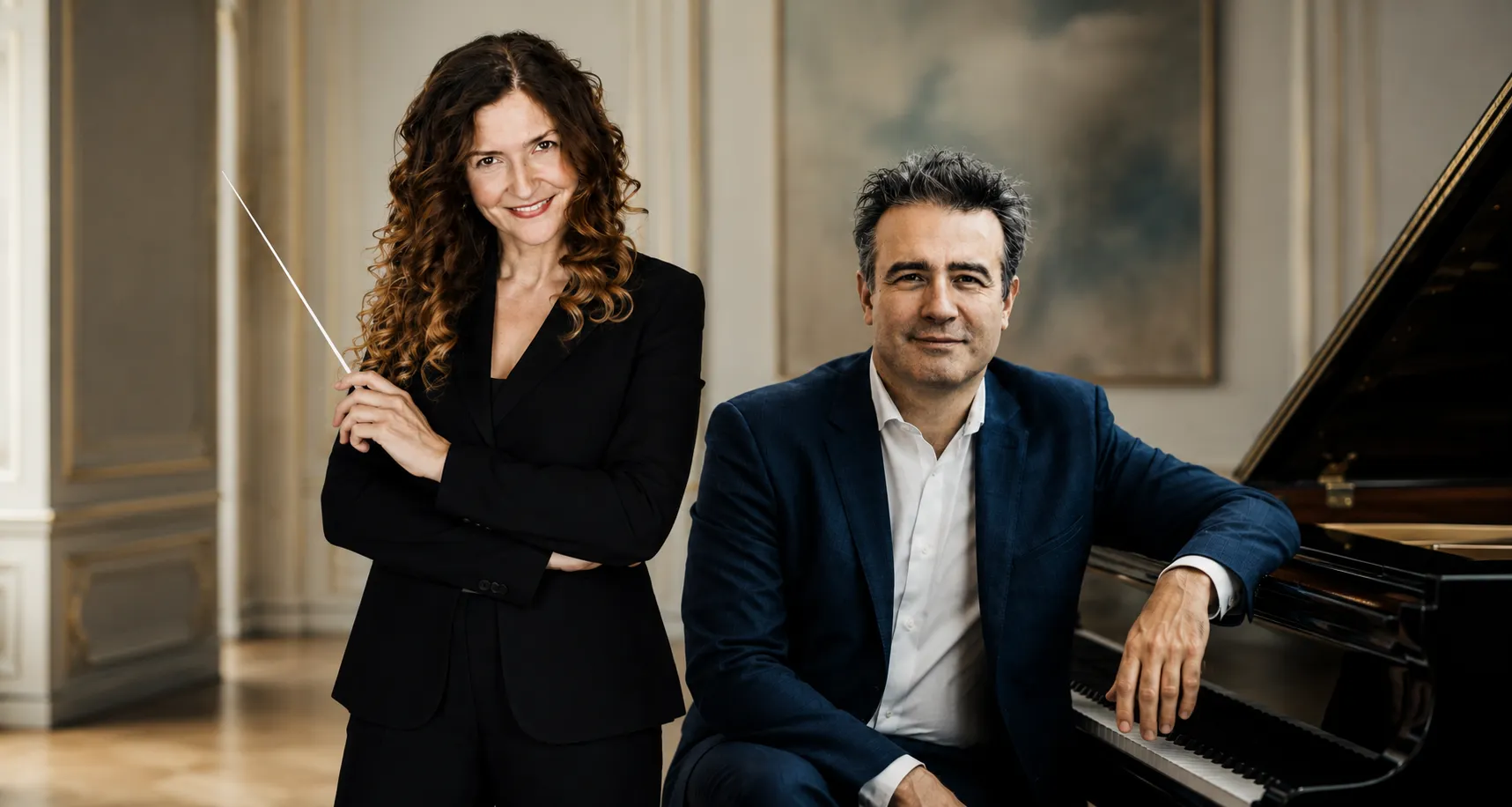Promotional portrait for the Athens State Orchestra's 5th concert of the 2026–2027 artistic season featuring conductor Zoi Tsokanou and pianist Alexei Volodin in an elegant recital hall with a grand piano, presented as a seamless editorial-style composite.
