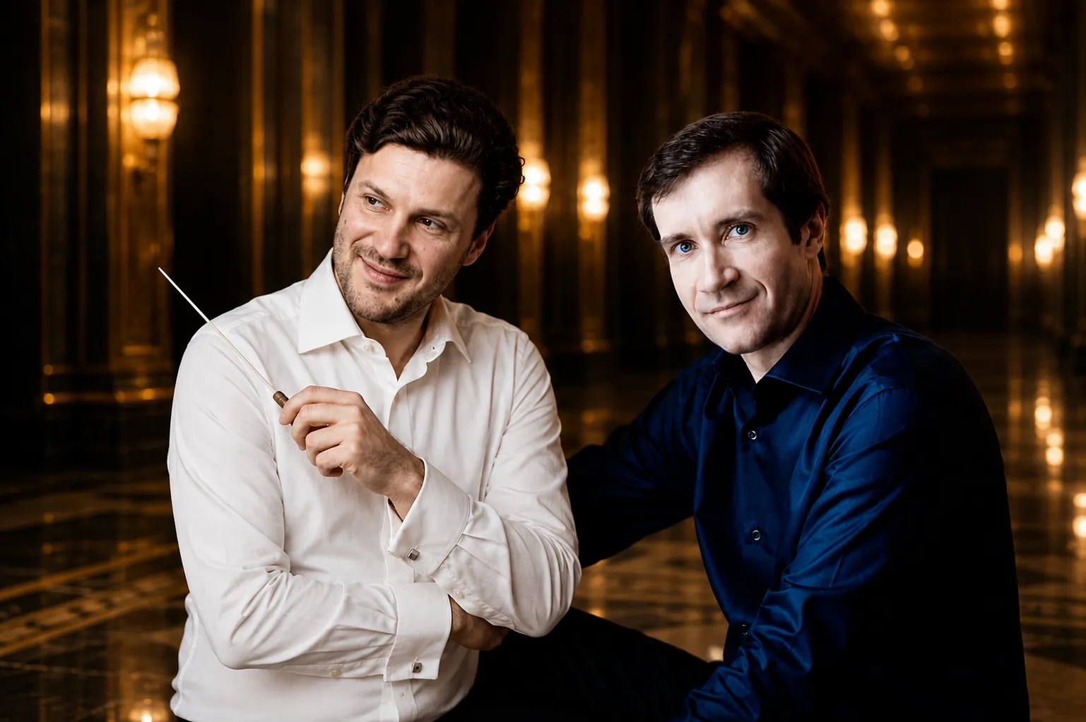 Promotional editorial portrait for the Athens State Orchestra's 6th concert of the 2026–2027 artistic season featuring conductor Stanislav Kochanovsky with pianist Nikolai Lugansky in a refined warm concert hall setting, presented as a seamless professional photographic composite.