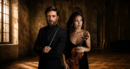 Conductor Antonio Méndez and violinist Leticia Moreno in an elegant editorial portrait for the Athens State Orchestra's performance of Vivaldi's The Four Seasons, photographed in a warm historic architectural interior with cinematic lighting and timeless classical atmosphere.