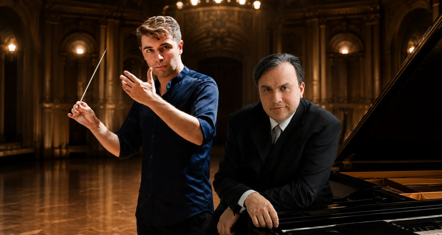 Conductor Dionysis Grammenos and pianist Yefim Bronfman in an editorial portrait for the Athens State Orchestra, set against an elegant concert hall-inspired background.