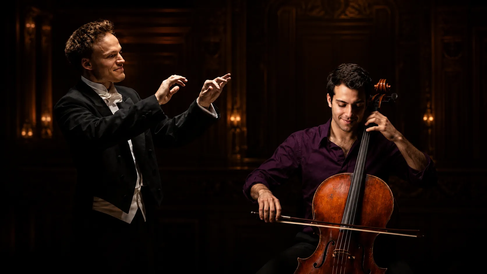 A young conductor leads with expressive hand gestures while a seated cellist performs on stage in an elegant, warmly lit concert hall. Both musicians share the same performance space, creating a cohesive and cinematic orchestral atmosphere.