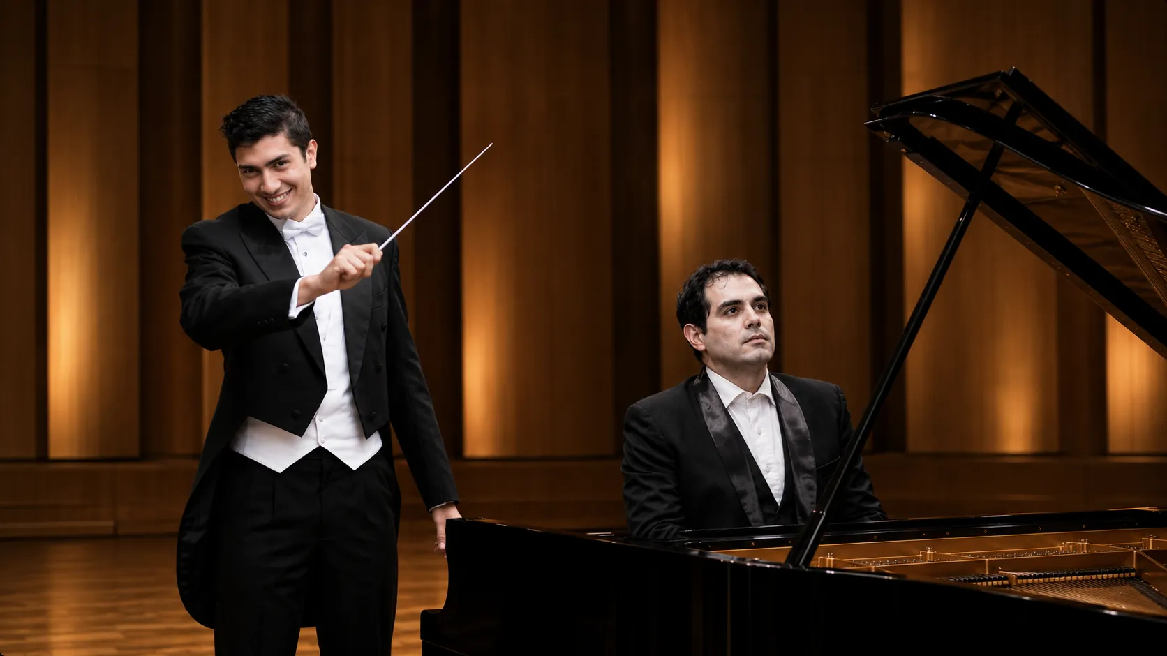 Conductor Rodolfo Barráez stands on the left with baton raised in an expressive conducting gesture, while pianist Giorgos-Emmanouil Lazaridis sits at a grand piano on the right. Both are portrayed at matching scale in the same warmly lit concert hall, creating the impression of a shared performance setting.