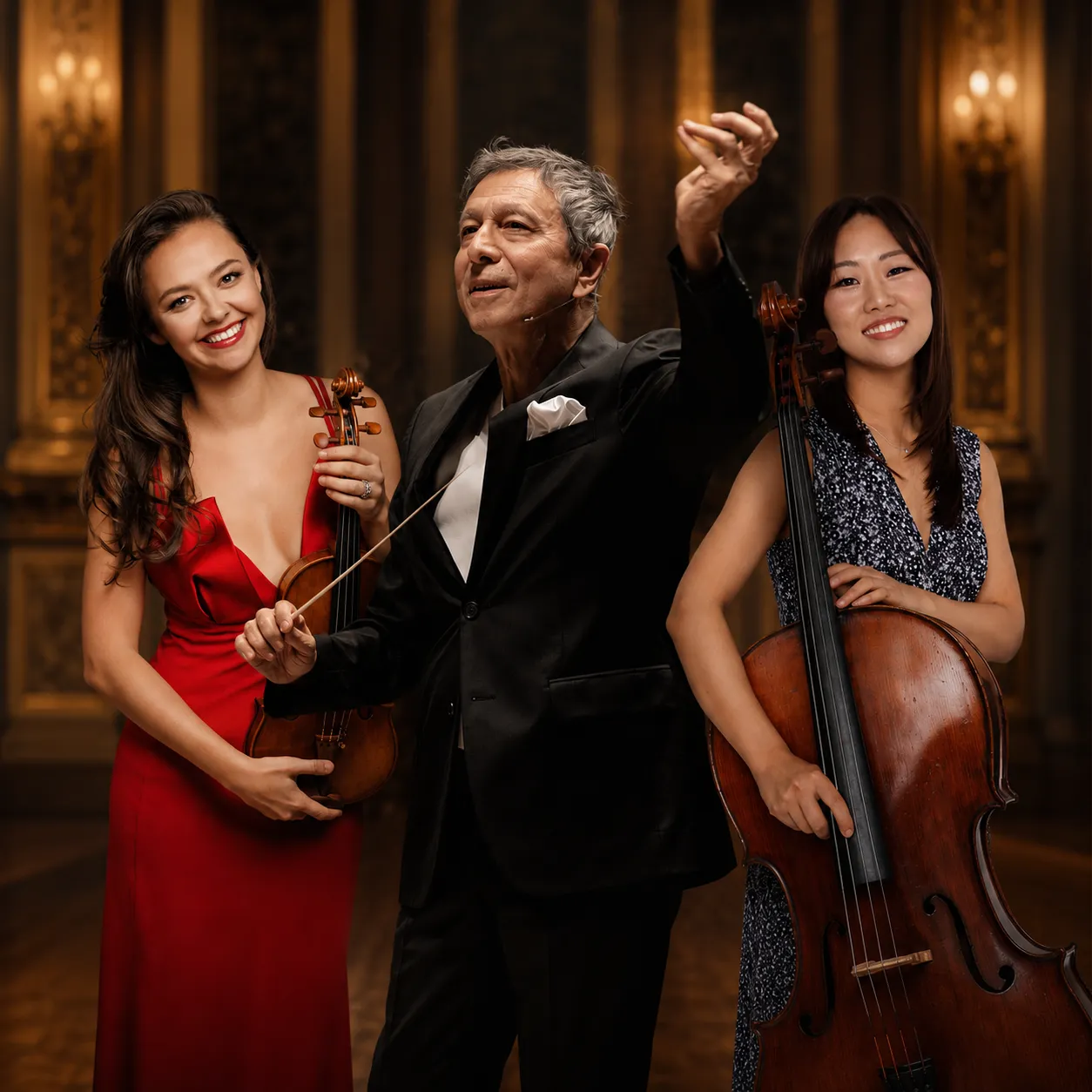Conductor Loukas Karytinos stands at the center with baton raised, joined by a smiling cellist on the left and a violinist in a red dress on the right. The three musicians are posed together in a warmly lit concert hall with a dark theatrical background.