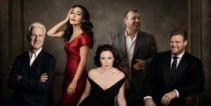 Premium editorial group portrait featuring five classical music artists arranged from left to right in programme order, photographed in elegant formal attire with warm theatrical lighting and a refined concert-hall atmosphere.
