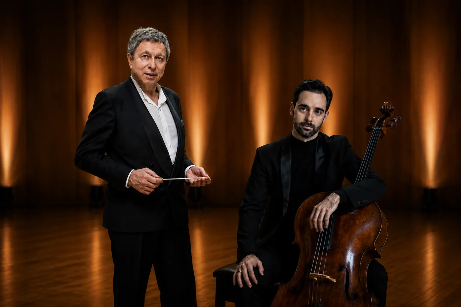 Conductor Loukas Karytinos and cellist Pablo Ferrández in a cinematic concert hall portrait, standing side by side against a warm, elegant orchestral backdrop.